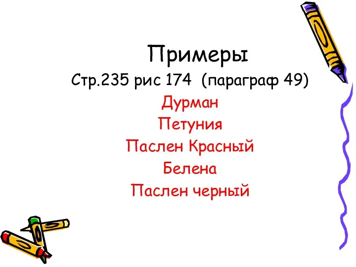 Примеры Стр.235 рис 174 (параграф 49) Дурман Петуния Паслен Красный Белена Паслен черный