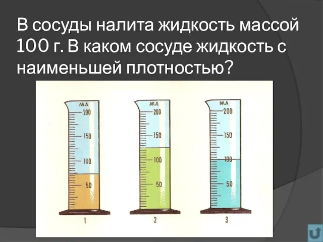 В сосуды налита жидкость массой 100 г. В каком сосуде жидкость с наименьшей плотностью?