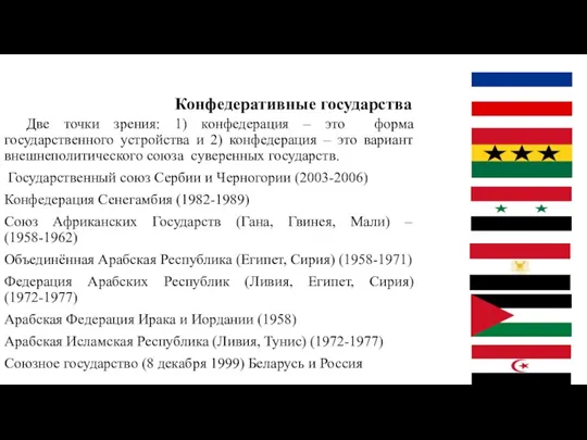 Конфедеративные государства Две точки зрения: 1) конфедерация – это форма