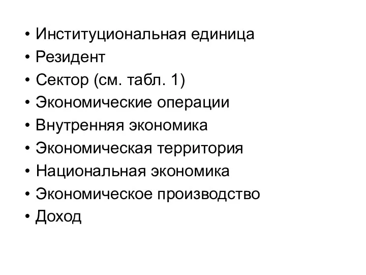 Институциональная единица Резидент Сектор (см. табл. 1) Экономические операции Внутренняя