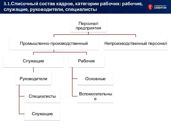 3.1.Списочный состав кадров, категории рабочих: рабочие, служащие, руководители, специалисты