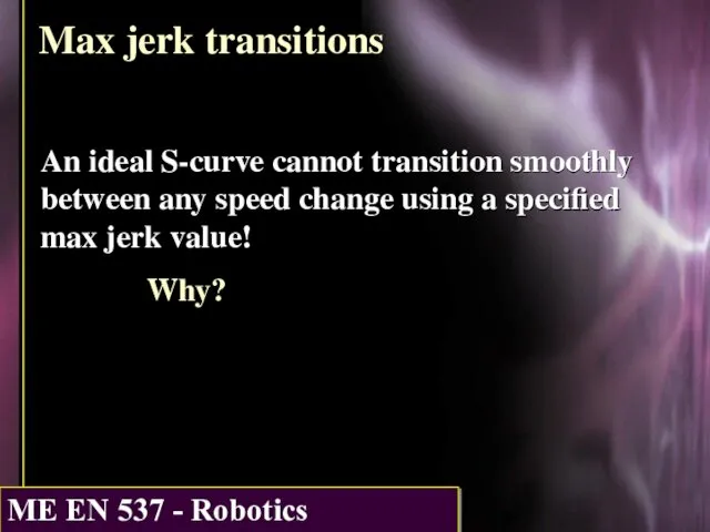 Max jerk transitions An ideal S-curve cannot transition smoothly between