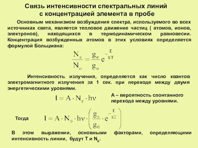 Связь интенсивности спектральных линий с концентрацией элемента в пробе Основным