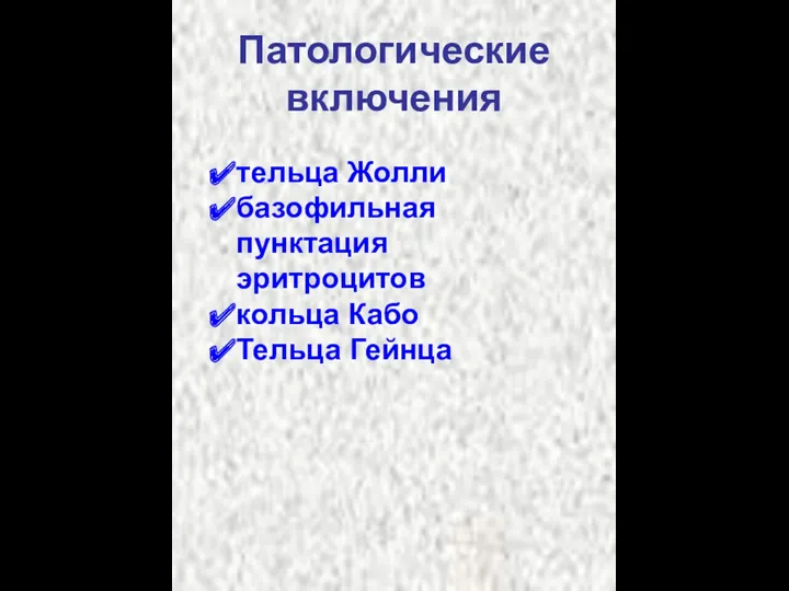 Патологические включения тельца Жолли базофильная пунктация эритроцитов кольца Кабо Тельца Гейнца