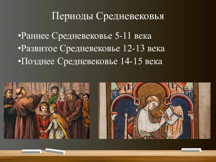 Периоды Средневековья Раннее Средневековье 5-11 века Развитое Средневековье 12-13 века Позднее Средневековье 14-15 века