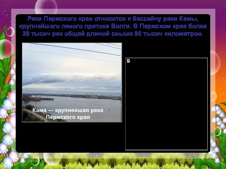 Реки Пермского края относятся к бассейну реки Камы, крупнейшего левого