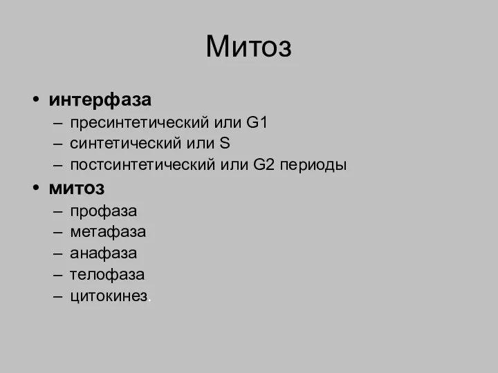 Митоз интерфаза пресинтетический или G1 синтетический или S постсинтетический или