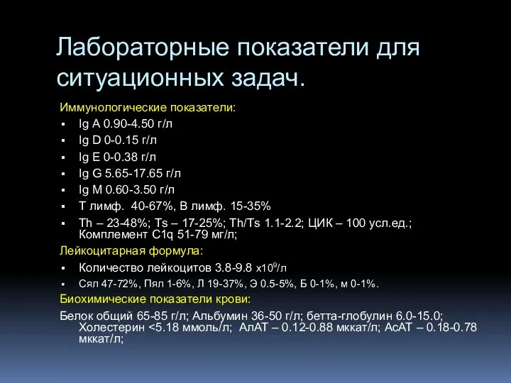 Лабораторные показатели для ситуационных задач. Иммунологические показатели: Ig А 0.90-4.50