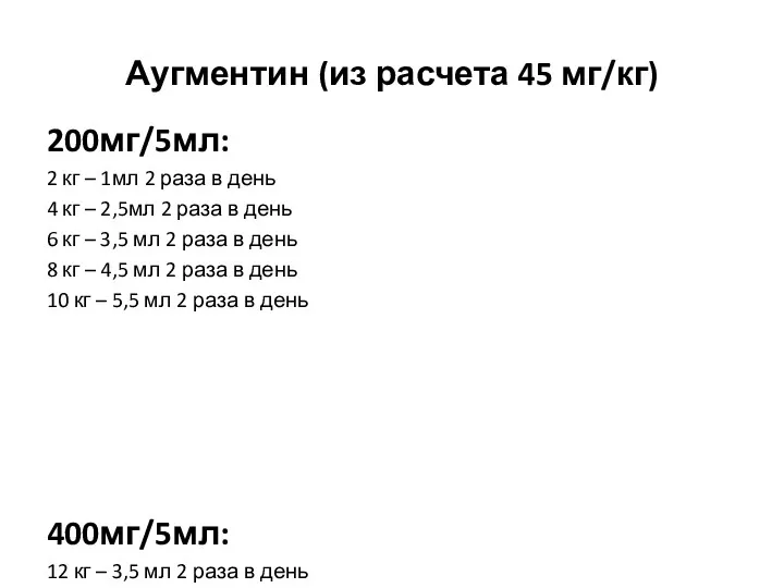 Аугментин (из расчета 45 мг/кг) 200мг/5мл: 2 кг – 1мл