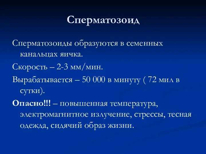 Сперматозоид Сперматозоиды образуются в семенных канальцах яичка. Скорость – 2-3