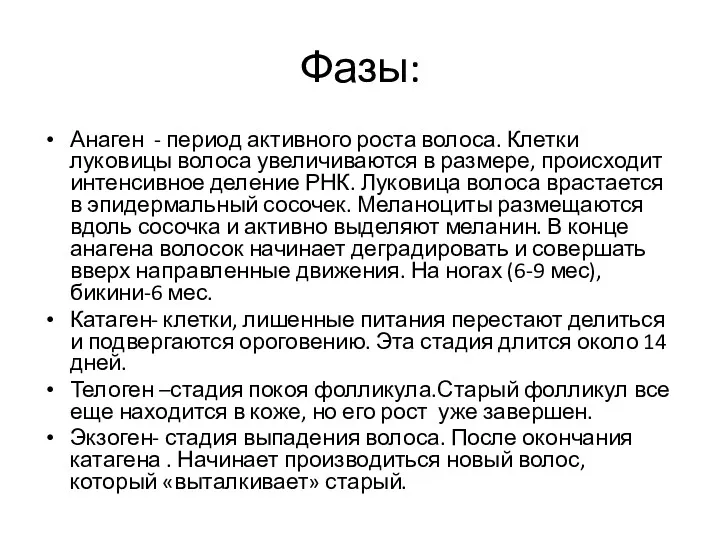 Фазы: Анаген - период активного роста волоса. Клетки луковицы волоса увеличиваются в размере,