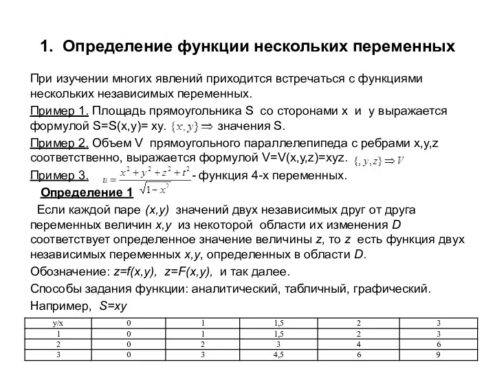 1. Определение функции нескольких переменных При изучении многих явлений приходится