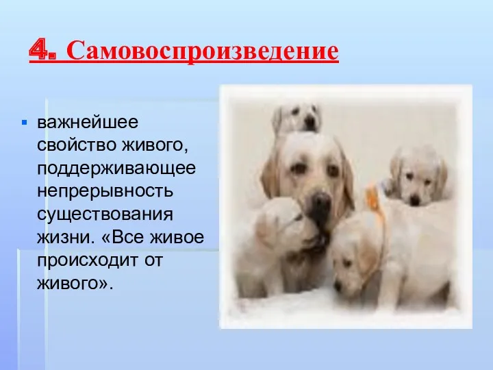 4. Самовоспроизведение важнейшее свойство живого, поддерживающее непрерывность существования жизни. «Все живое происходит от живого».