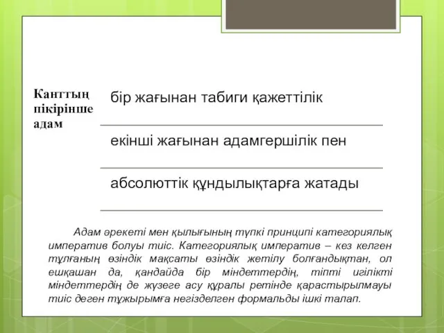 Адам әрекеті мен қылығының түпкі принципі категориялық императив болуы тиіс.