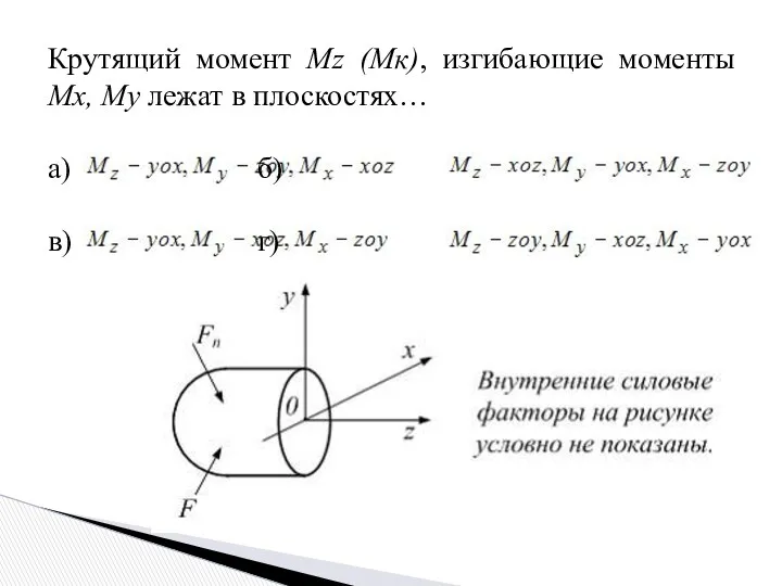 Крутящий момент Мz (Мк), изгибающие моменты Мх, Му лежат в плоскостях… а) б) в) г)