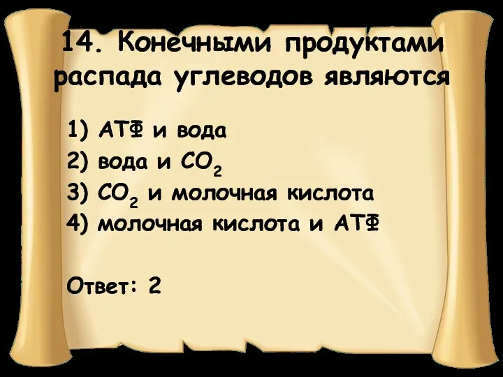 14. Конечными продуктами распада углеводов являются 1) АТФ и вода