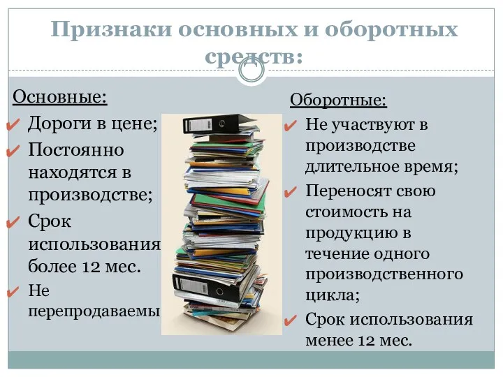 Признаки основных и оборотных средств: Основные: Дороги в цене; Постоянно