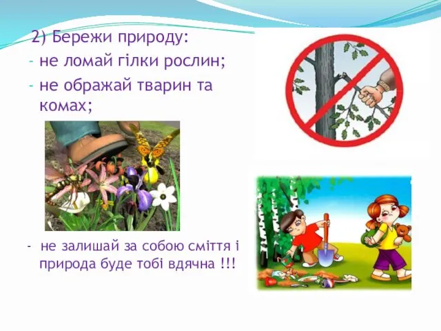 2) Бережи природу: не ломай гілки рослин; не ображай тварин