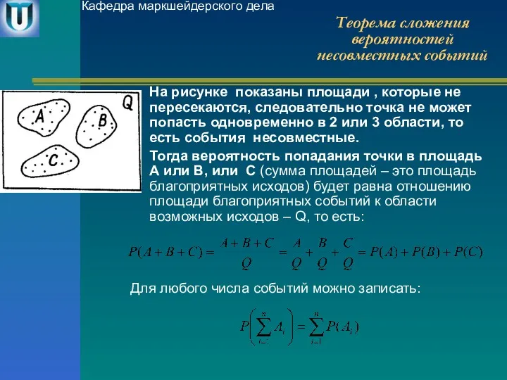 Теорема сложения вероятностей несовместных событий На рисунке показаны площади ,