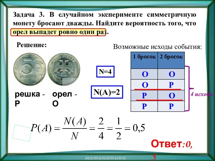 Задача 3. В случайном эксперименте симметричную монету бросают дважды. Найдите