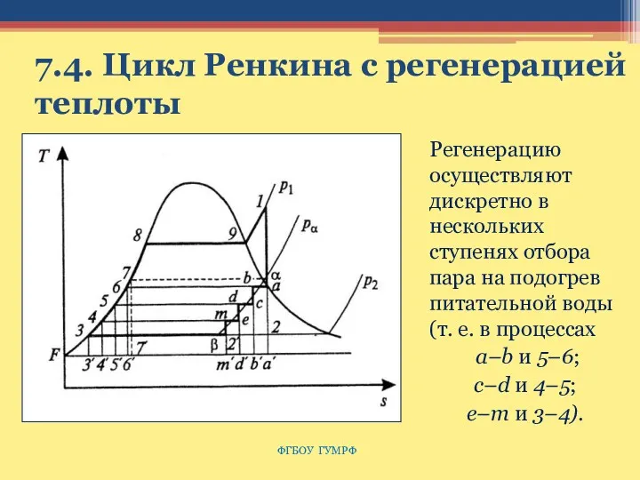 7.4. Цикл Ренкина с регенерацией теплоты Регенерацию осуществляют дискретно в