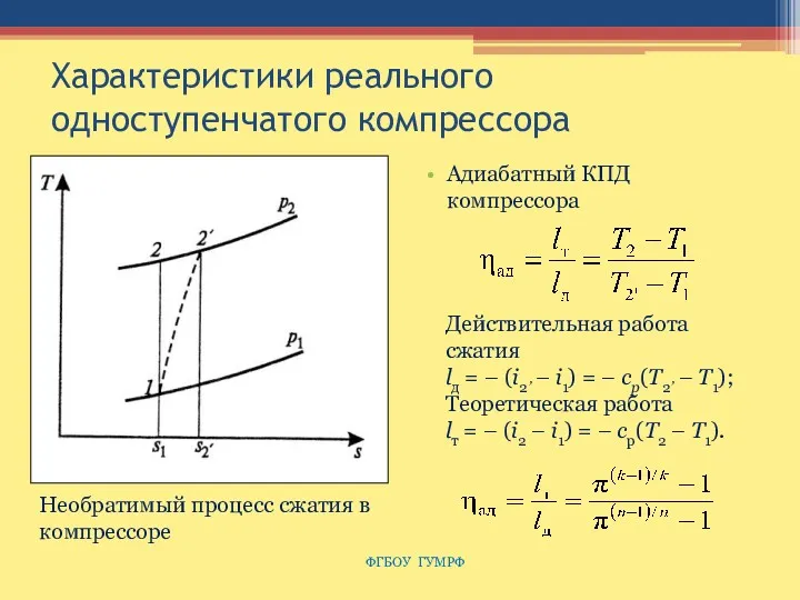 Характеристики реального одноступенчатого компрессора Адиабатный КПД компрессора ФГБОУ ГУМРФ Необратимый