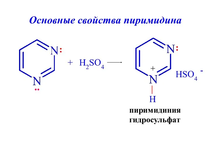 Основные свойства пиримидина .. : + H2SO4 HSO4 - пиримидиния гидросульфат