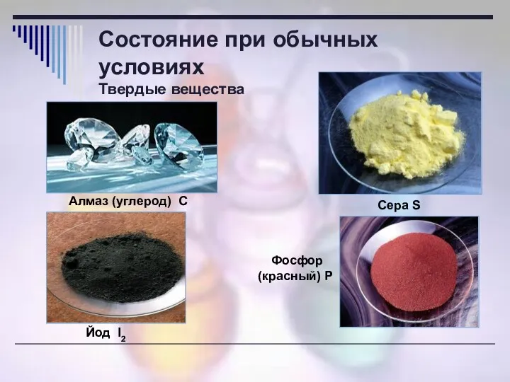 Состояние при обычных условиях Твердые вещества Фосфор (красный) P Сера S Алмаз (углерод) С Йод I2