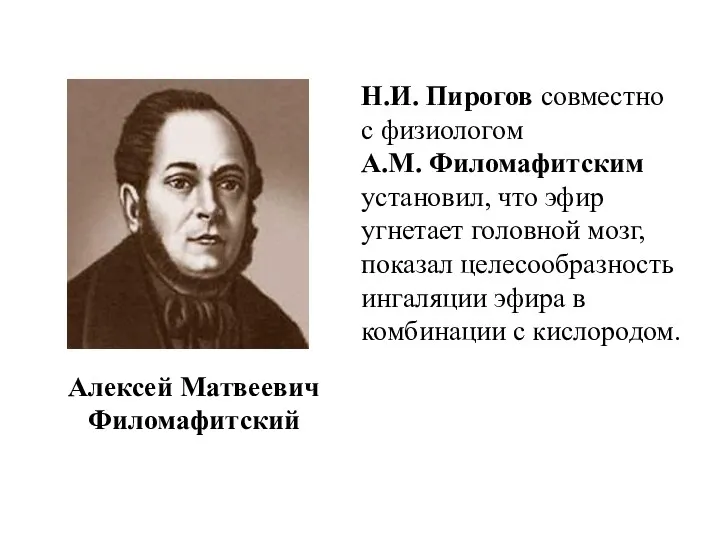 Н.И. Пирогов совместно с физиологом А.М. Филомафитским установил, что эфир
