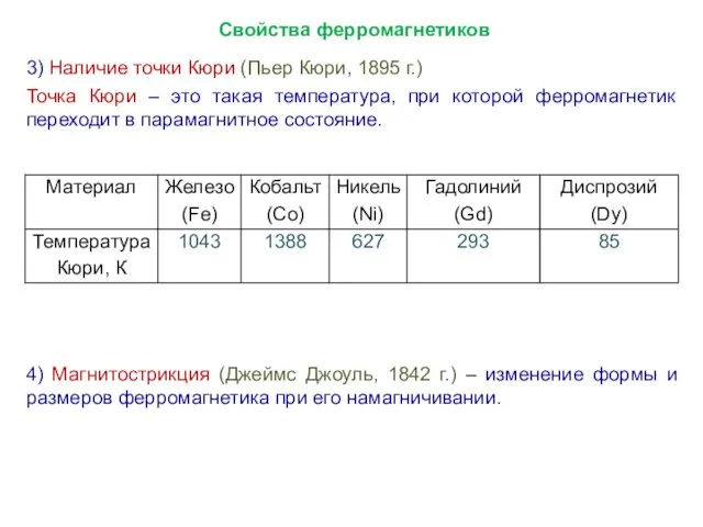 Свойства ферромагнетиков 3) Наличие точки Кюри (Пьер Кюри, 1895 г.)