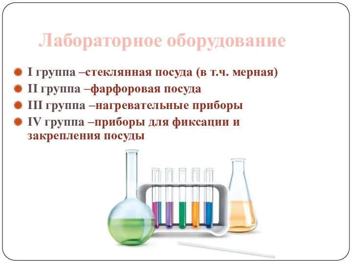 Лабораторное оборудование I группа –стеклянная посуда (в т.ч. мерная) II