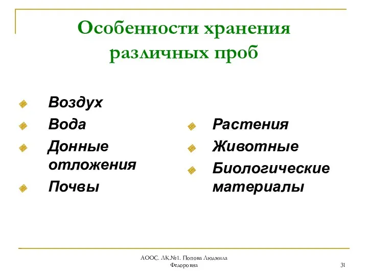 АООС. ЛК.№1. Попова Людмила Федоровна Особенности хранения различных проб Воздух