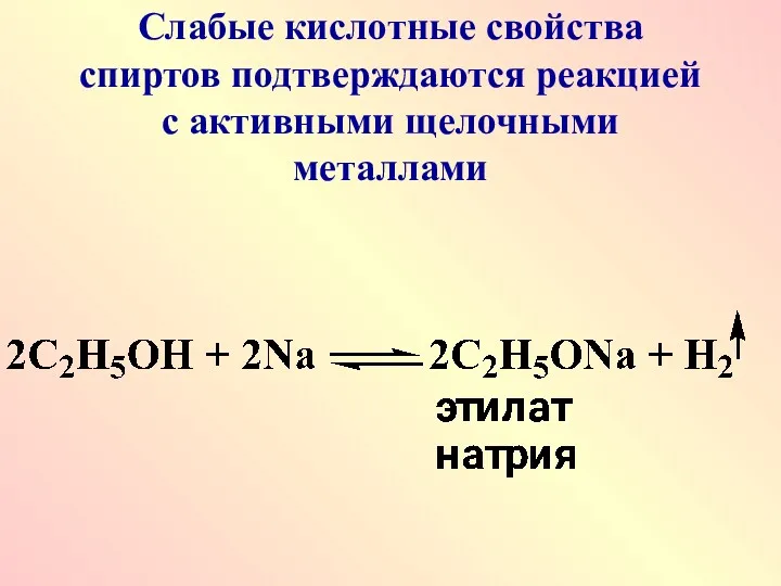 Слабые кислотные свойства спиртов подтверждаются реакцией с активными щелочными металлами