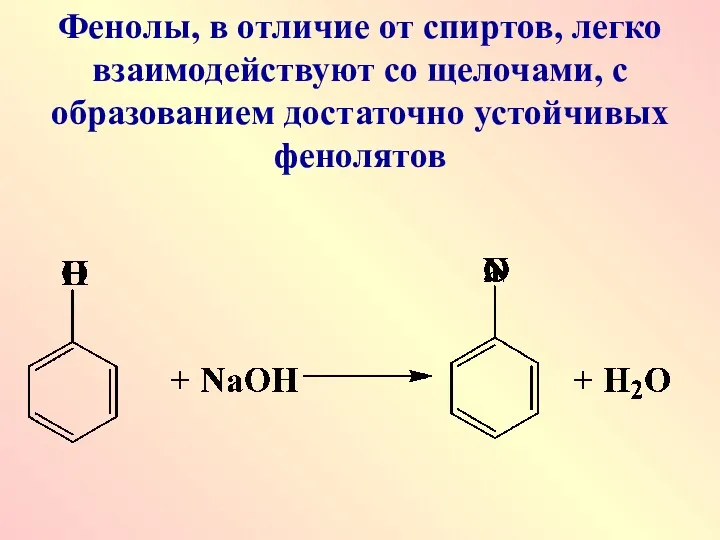 Фенолы, в отличие от спиртов, легко взаимодействуют со щелочами, с образованием достаточно устойчивых фенолятов