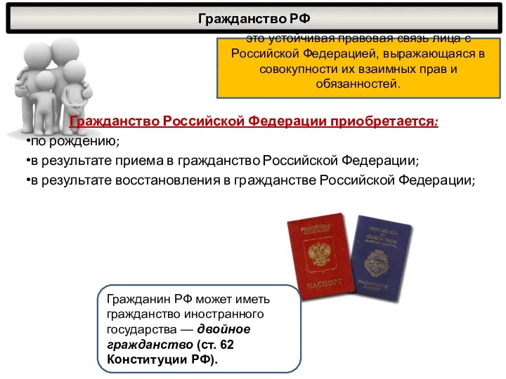 Гражданство Российской Федерации приобрета­ется: по рождению; в результате приема в