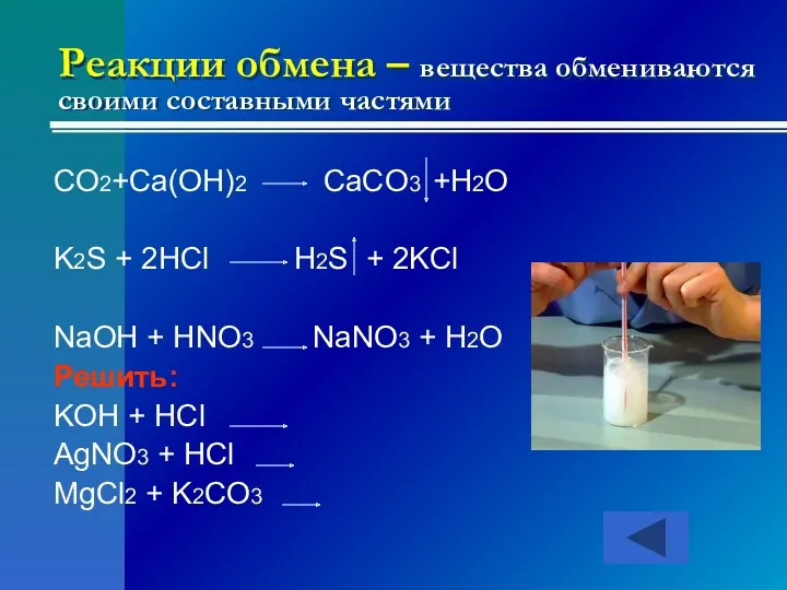 Реакции обмена – вещества обмениваются своими составными частями CO2+Ca(OH)2 CaCO3