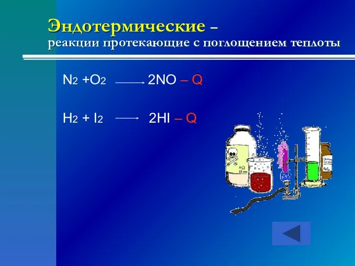 Эндотермические – реакции протекающие с поглощением теплоты N2 +O2 2NO – Q H2