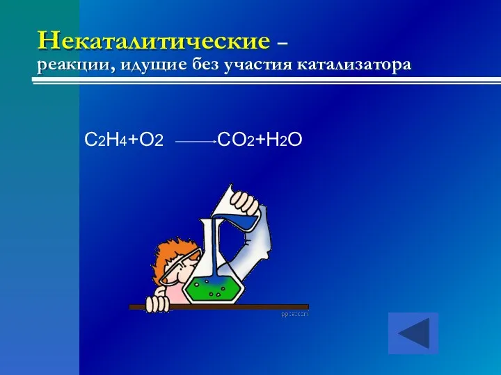 Некаталитические – реакции, идущие без участия катализатора C2H4+O2 CO2+H2O
