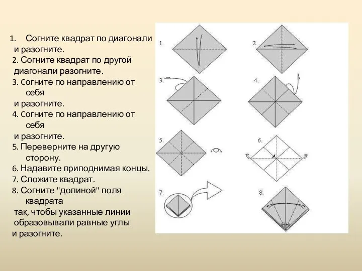 Согните квадрат по диагонали и разогните. 2. Согните квадрат по