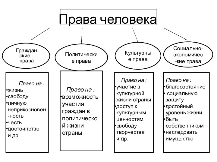 Права человека Политические права Граждан-ские права Социально-экономичес-кие права Культурные права