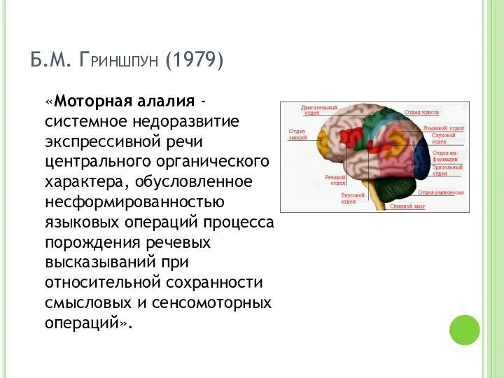 Б.М. Гриншпун (1979) «Моторная алалия - системное недоразвитие экспрессивной речи