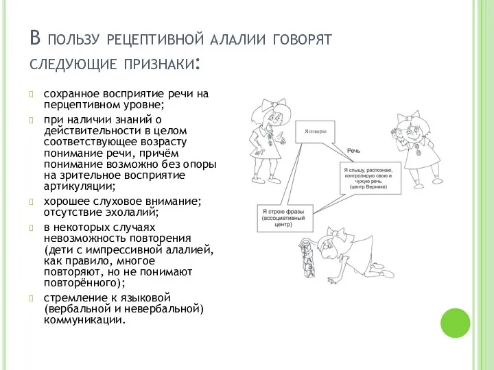 В пользу рецептивной алалии говорят следующие признаки: сохранное восприятие речи