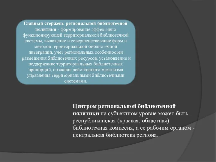 Главный стержень региональной библиотечной политики - формирование эффективно функционирующей территориальной