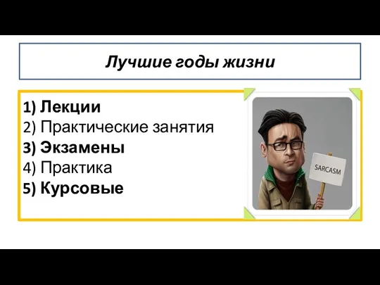 1) Лекции 2) Практические занятия 3) Экзамены 4) Практика 5) Курсовые Лучшие годы жизни