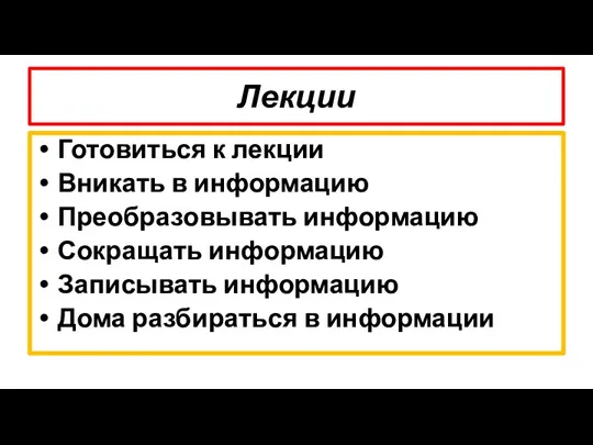 Лекции Готовиться к лекции Вникать в информацию Преобразовывать информацию Сокращать