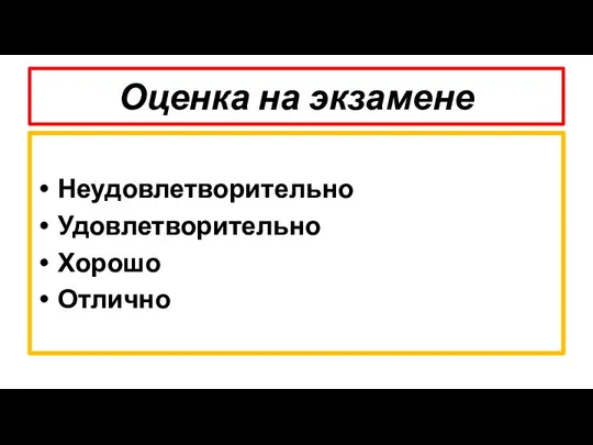 Оценка на экзамене Неудовлетворительно Удовлетворительно Хорошо Отлично