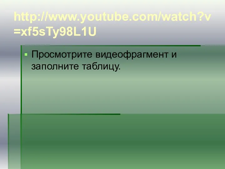 http://www.youtube.com/watch?v=xf5sTy98L1U Просмотрите видеофрагмент и заполните таблицу.