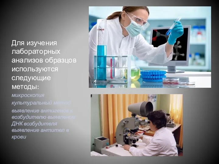 Для изучения лабораторных анализов образцов используются следующие методы: микроскопия культуральный метод выявление антигенов