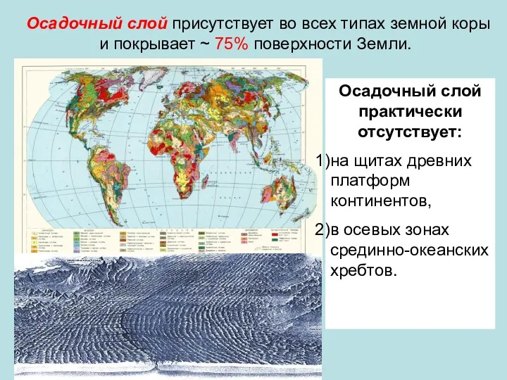 Осадочный слой присутствует во всех типах земной коры и покрывает