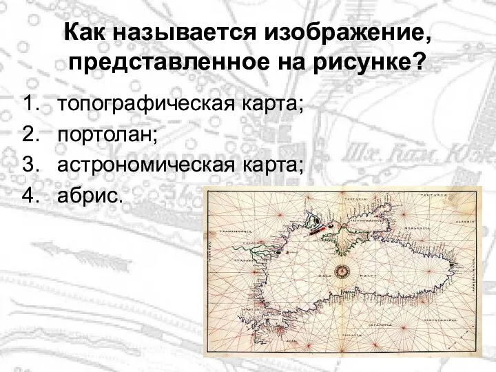 Как называется изображение, представленное на рисунке? топографическая карта; портолан; астрономическая карта; абрис.